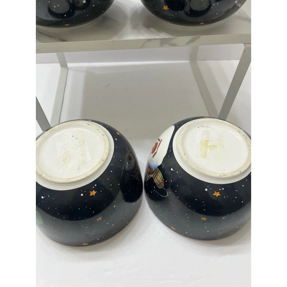 Christmas Snowman Bowls Ceramic Set Of 4 Black Background Multicolor 3.75x5.5